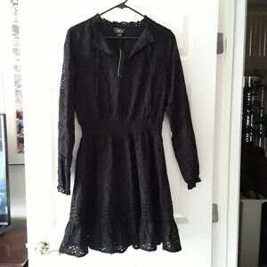 NWT Belldini Eyelet Ruffled Dress Black Split V-Neck Long Sleeve Pullover Size L